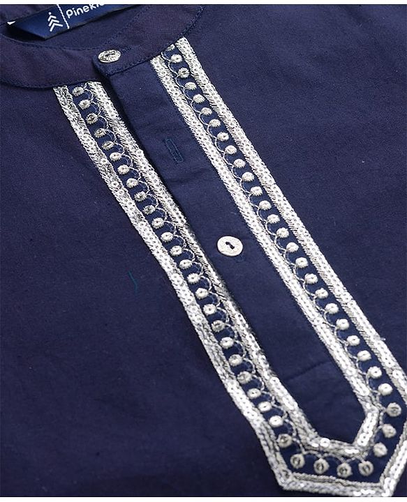Pine Kids Woven Full Sleeves Kurta Pajama Set with Embroidery - Navy Blue