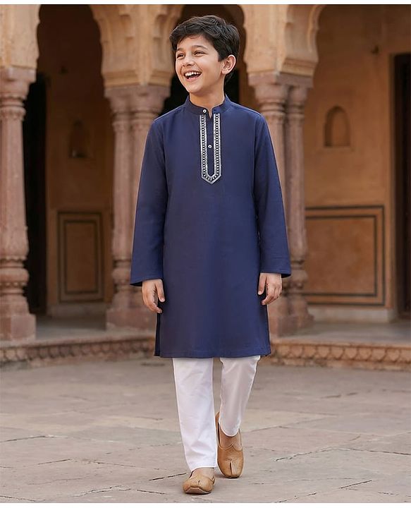 Pine Kids Woven Full Sleeves Kurta Pajama Set with Embroidery - Navy Blue