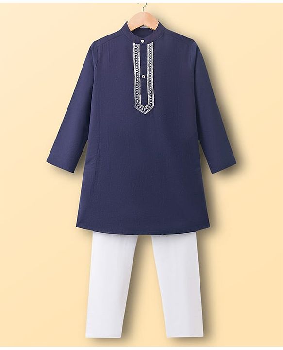 Pine Kids Woven Full Sleeves Kurta Pajama Set with Embroidery - Navy Blue