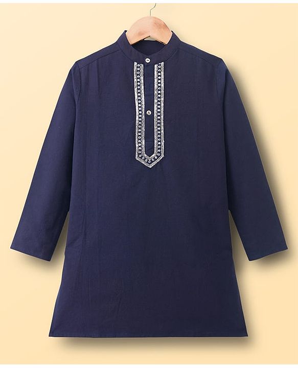 Pine Kids Woven Full Sleeves Kurta Pajama Set with Embroidery - Navy Blue