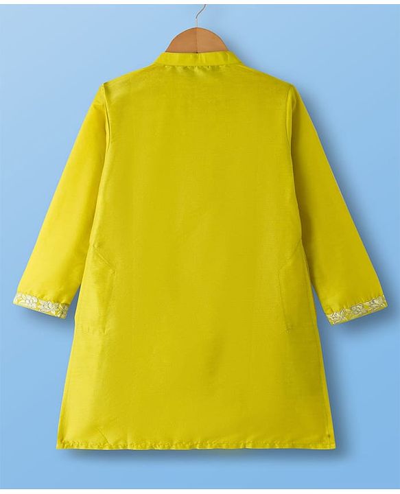 Pine Kids Woven Full Sleeves Kurta Pyjama Set With Floral Embroidery - Lime Green & White