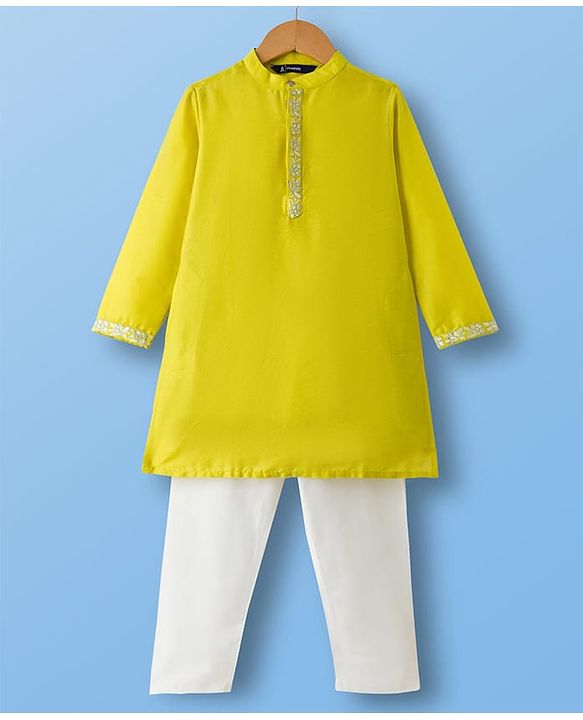 Pine Kids Woven Full Sleeves Kurta Pyjama Set With Floral Embroidery - Lime Green & White