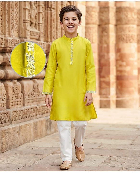 Pine Kids Woven Full Sleeves Kurta Pyjama Set With Floral Embroidery - Lime Green & White