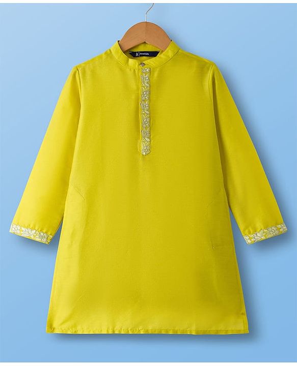 Pine Kids Woven Full Sleeves Kurta Pyjama Set With Floral Embroidery - Lime Green & White