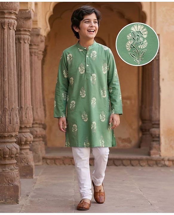 Pine Kids Woven Full Sleeves Kurta Pyjama Set With Foil Floral Print - Olive Green & White