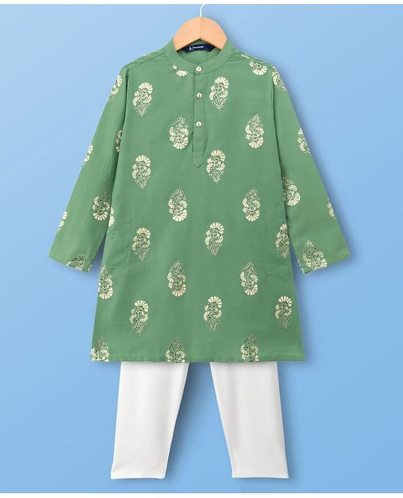 Pine Kids Woven Full Sleeves Kurta Pyjama Set With Foil Floral Print - Olive Green & White