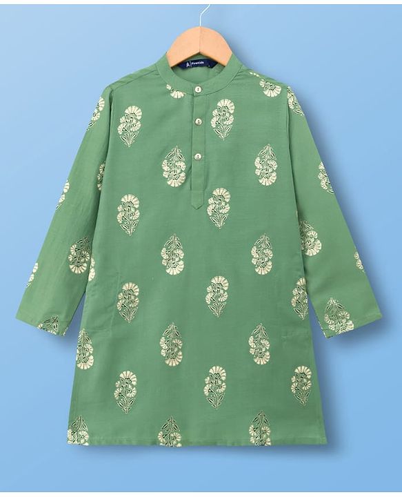 Pine Kids Woven Full Sleeves Kurta Pyjama Set With Foil Floral Print - Olive Green & White