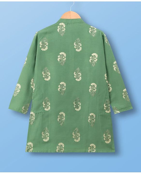 Pine Kids Woven Full Sleeves Kurta Pyjama Set With Foil Floral Print - Olive Green & White