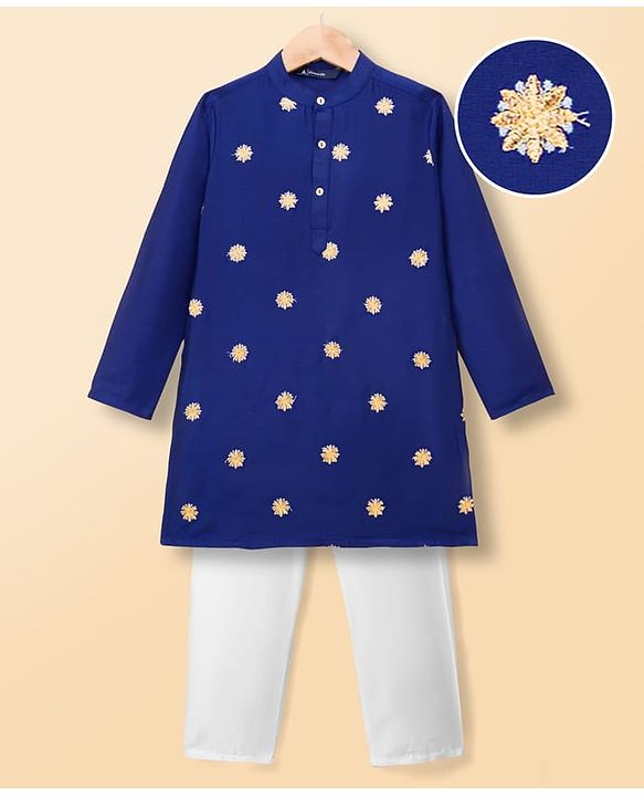 Pine Kids Woven Full Sleeves Kurta & Pajama Set With Floral Embroidery - Royal Blue