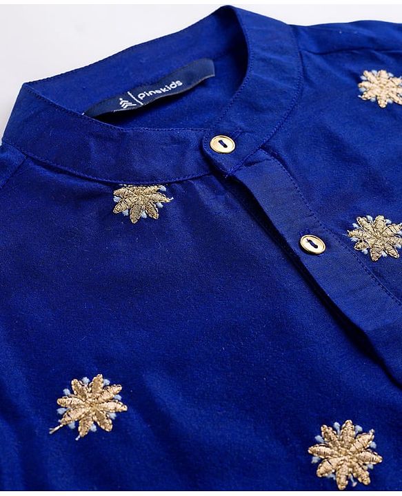 Pine Kids Woven Full Sleeves Kurta & Pajama Set With Floral Embroidery - Royal Blue