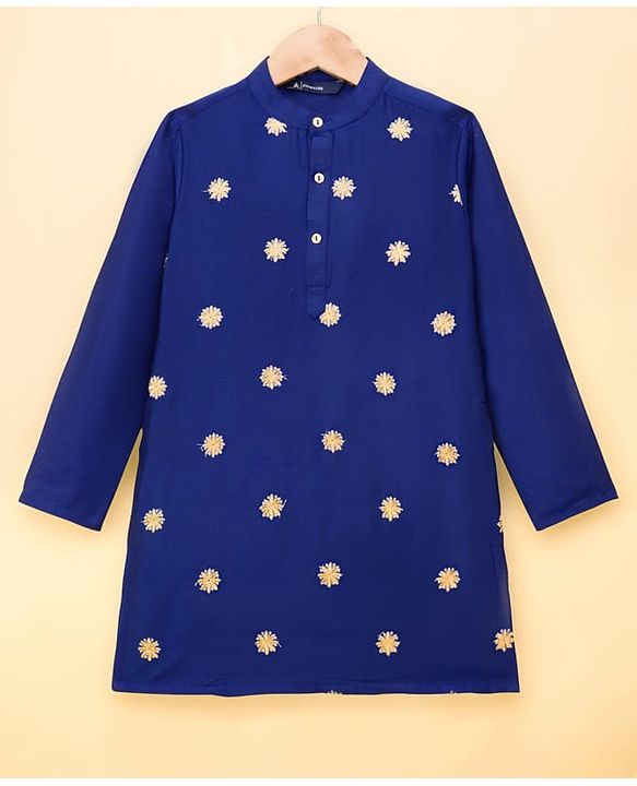 Pine Kids Woven Full Sleeves Kurta & Pajama Set With Floral Embroidery - Royal Blue