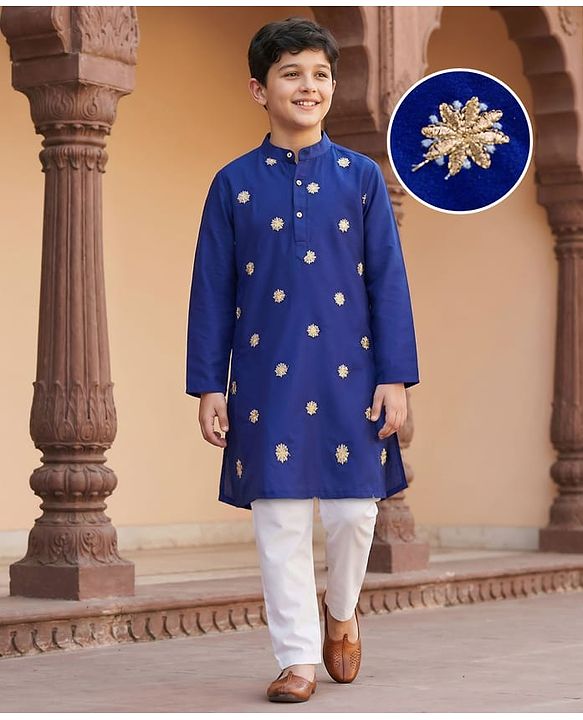 Pine Kids Woven Full Sleeves Kurta & Pajama Set With Floral Embroidery - Royal Blue