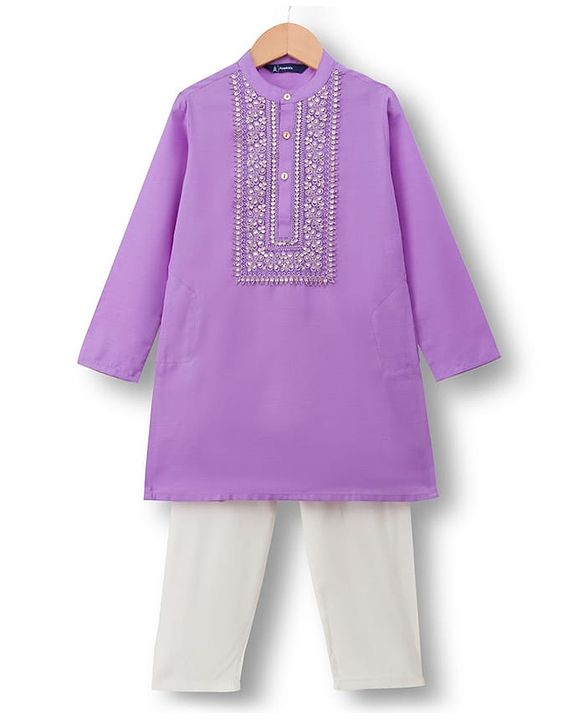 Pine Kids Woven Full Sleeves Kurta Pyjama Set With Floral Embroidery & Sequin Detailing - Purple & White