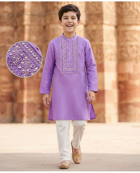 Pine Kids Woven Full Sleeves Kurta Pyjama Set With Floral Embroidery & Sequin Detailing - Purple & White