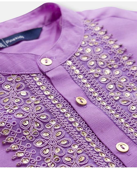 Pine Kids Woven Full Sleeves Kurta Pyjama Set With Floral Embroidery & Sequin Detailing - Purple & White