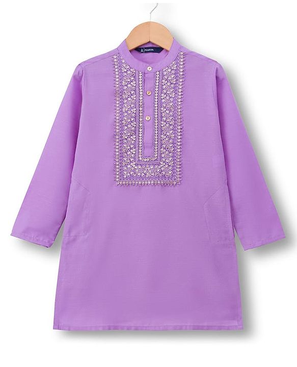 Pine Kids Woven Full Sleeves Kurta Pyjama Set With Floral Embroidery & Sequin Detailing - Purple & White