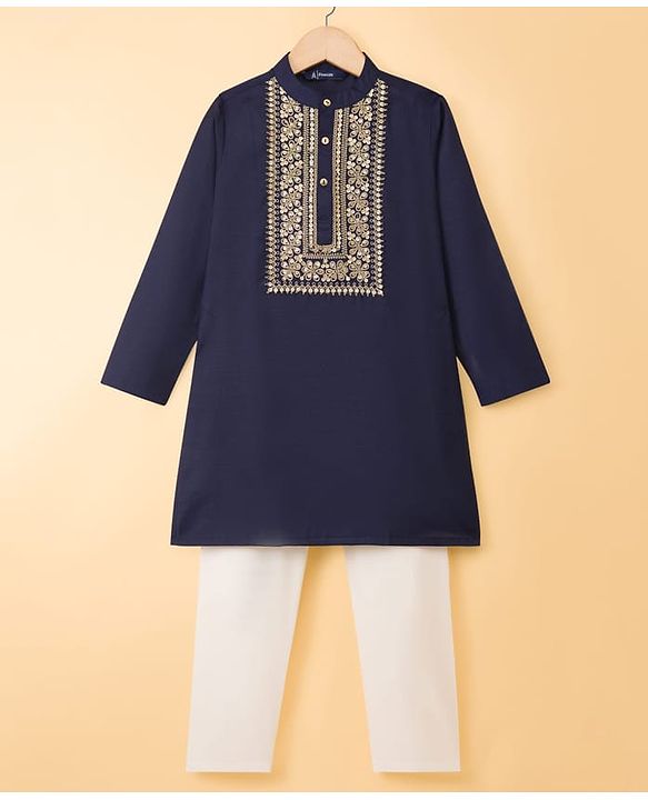 Pine Kids Woven Full Sleeves Kurta Pajama Set with Embroidery - Navy Blue