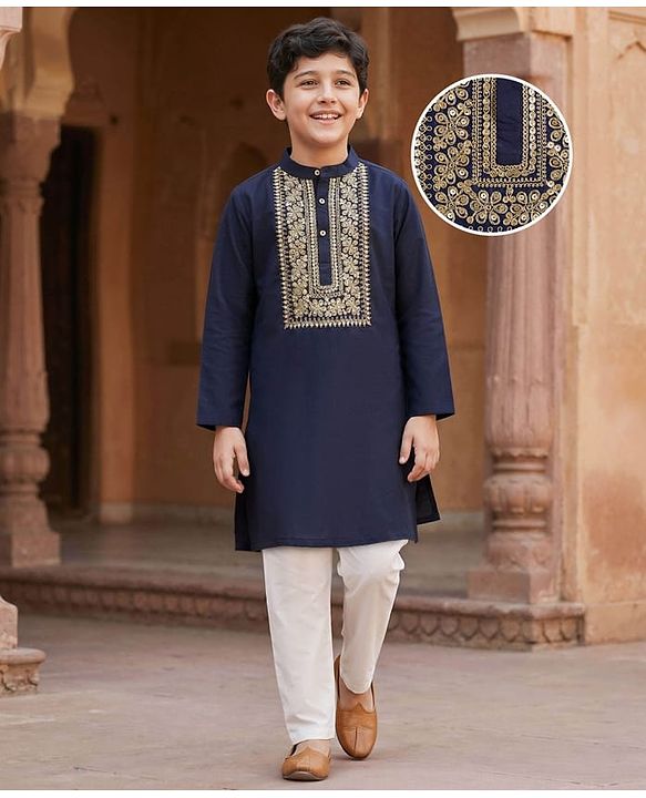 Pine Kids Woven Full Sleeves Kurta Pajama Set with Embroidery - Navy Blue