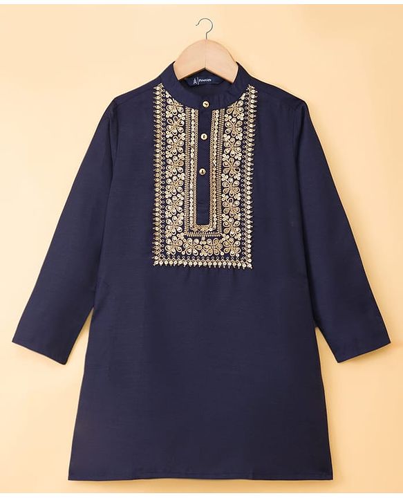 Pine Kids Woven Full Sleeves Kurta Pajama Set with Embroidery - Navy Blue