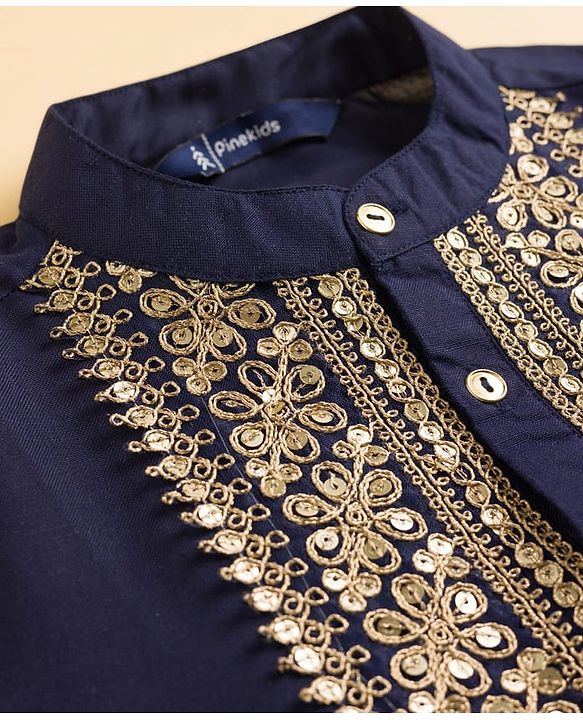 Pine Kids Woven Full Sleeves Kurta Pajama Set with Embroidery - Navy Blue