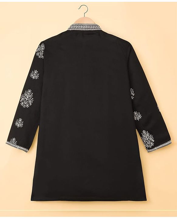 Pine Kids Woven Full Sleeves Kurta Pajama Set with Embroidery - Black