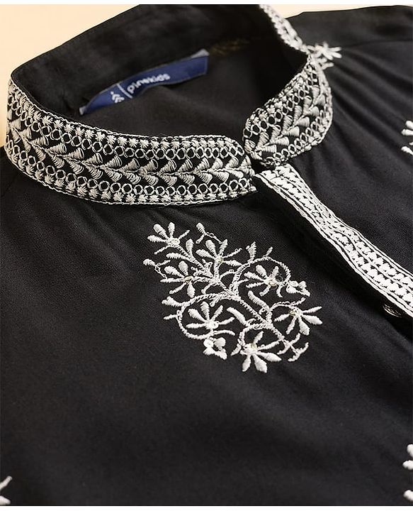 Pine Kids Woven Full Sleeves Kurta Pajama Set with Embroidery - Black
