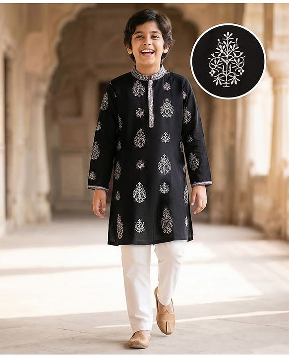 Pine Kids Woven Full Sleeves Kurta Pajama Set with Embroidery - Black