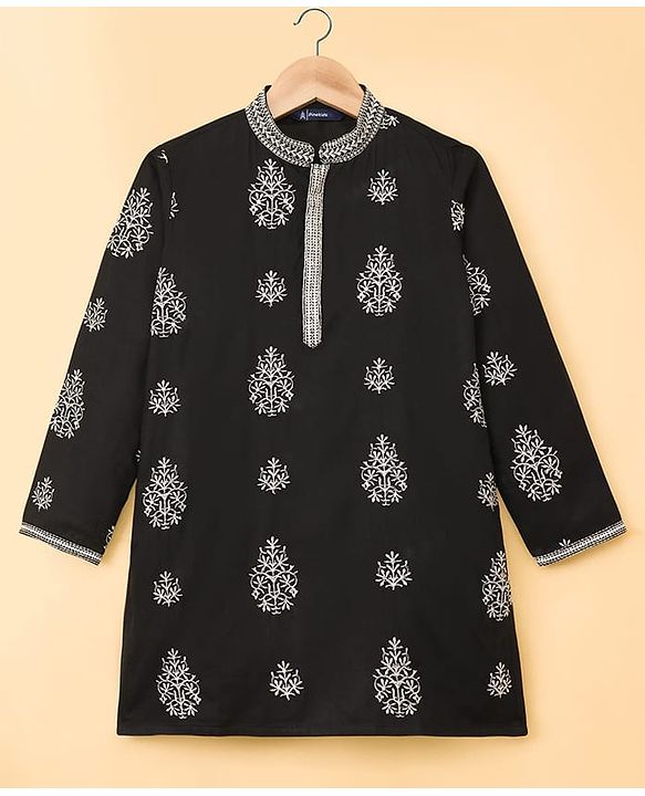 Pine Kids Woven Full Sleeves Kurta Pajama Set with Embroidery - Black