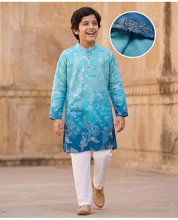 Pine Kids Woven Full Sleeves Kurta Pajama Set with Floral Embroidery - Blue