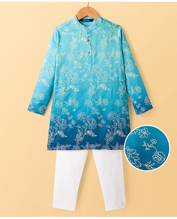 Pine Kids Woven Full Sleeves Kurta Pajama Set with Floral Embroidery - Blue