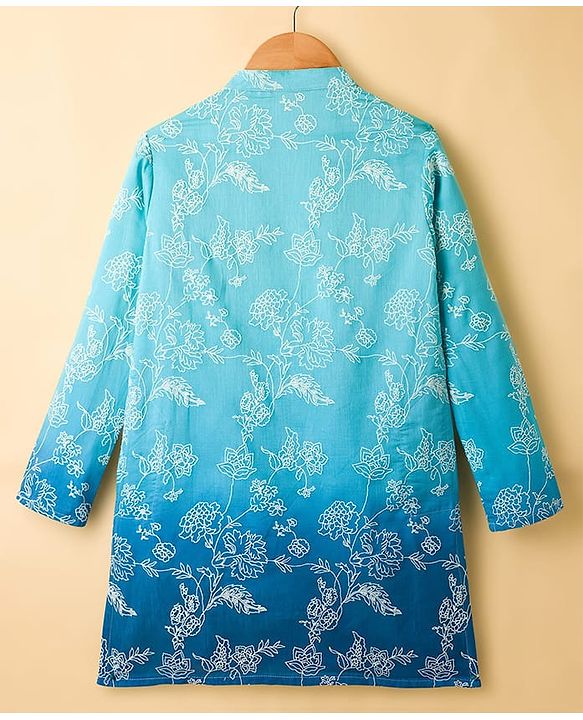 Pine Kids Woven Full Sleeves Kurta Pajama Set with Floral Embroidery - Blue