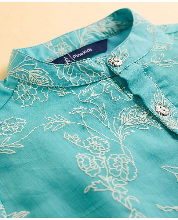 Pine Kids Woven Full Sleeves Kurta Pajama Set with Floral Embroidery - Blue