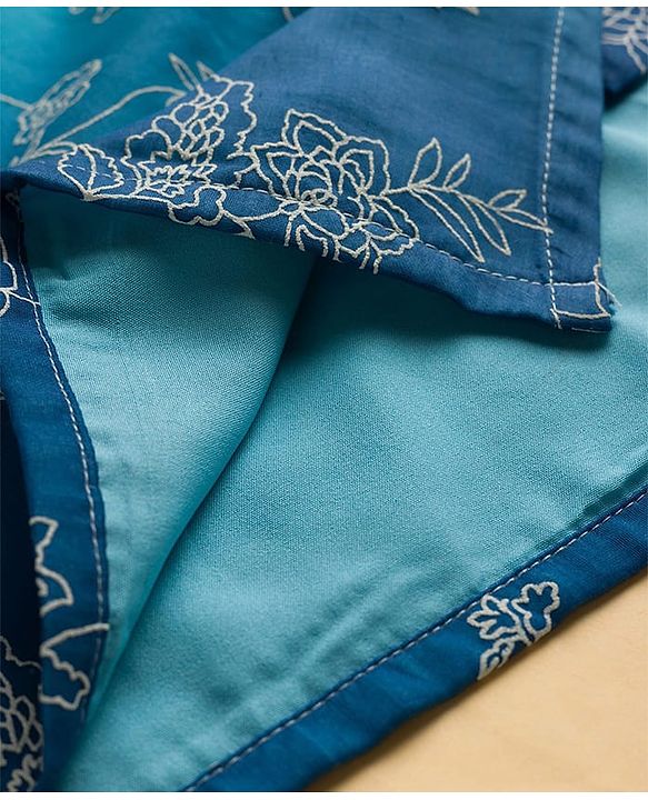Pine Kids Woven Full Sleeves Kurta Pajama Set with Floral Embroidery - Blue