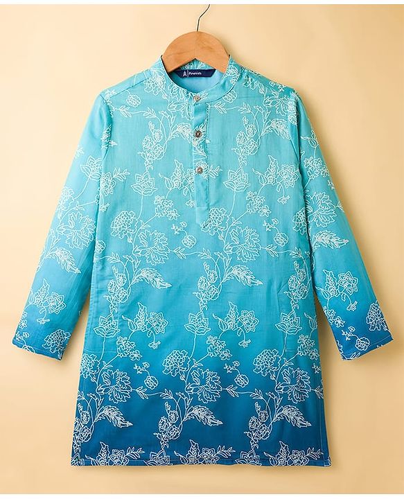 Pine Kids Woven Full Sleeves Kurta Pajama Set with Floral Embroidery - Blue