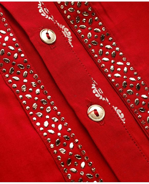 Pine Kids Woven Full Sleeves Kurta Pajama Set with Jacket & Rhinestone Detailing - Red