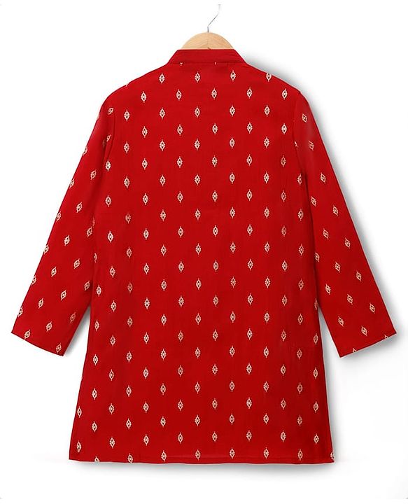 Pine Kids Woven Full Sleeves Kurta Pajama Set with Jacket & Rhinestone Detailing - Red