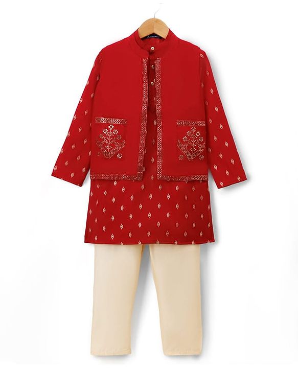 Pine Kids Woven Full Sleeves Kurta Pajama Set with Jacket & Rhinestone Detailing - Red
