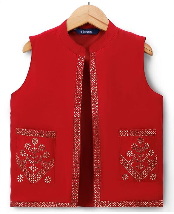 Pine Kids Woven Full Sleeves Kurta Pajama Set with Jacket & Rhinestone Detailing - Red
