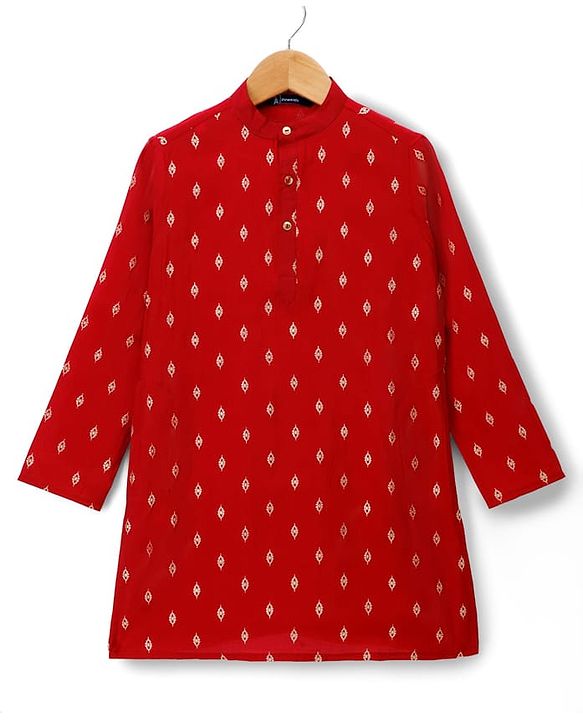 Pine Kids Woven Full Sleeves Kurta Pajama Set with Jacket & Rhinestone Detailing - Red