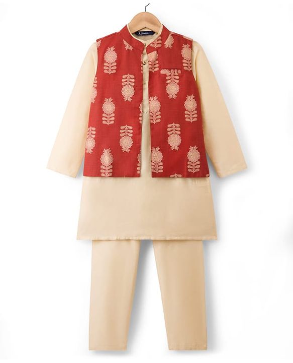 Pine Kids Woven Full Sleeves Kurta Pajama Set with Jacket & Floral Glitter Print - Beige