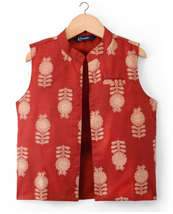 Pine Kids Woven Full Sleeves Kurta Pajama Set with Jacket & Floral Glitter Print - Beige
