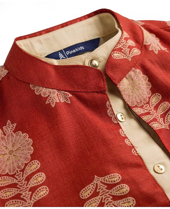 Pine Kids Woven Full Sleeves Kurta Pajama Set with Jacket & Floral Glitter Print - Beige