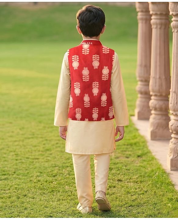 Pine Kids Woven Full Sleeves Kurta Pajama Set with Jacket & Floral Glitter Print - Beige