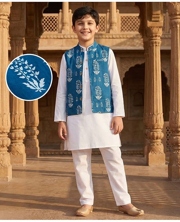 Pine Kids 100% Cotton Woven Full Sleeves Kurta Pyjama Set With Floral Printed Jacket - White & Navy Blue