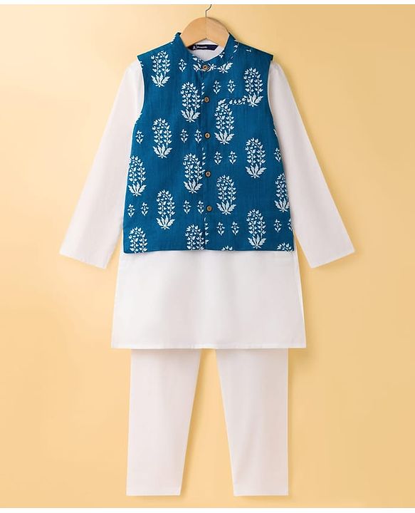 Pine Kids 100% Cotton Woven Full Sleeves Kurta Pyjama Set With Floral Printed Jacket - White & Navy Blue