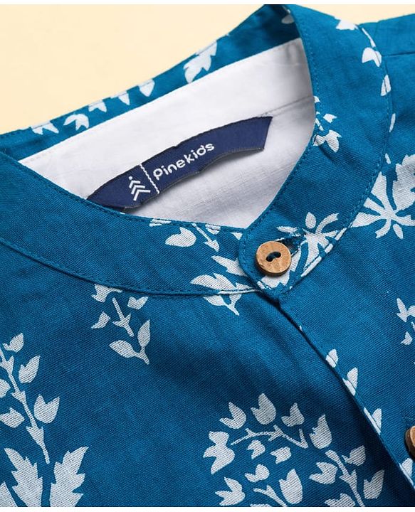 Pine Kids 100% Cotton Woven Full Sleeves Kurta Pyjama Set With Floral Printed Jacket - White & Navy Blue