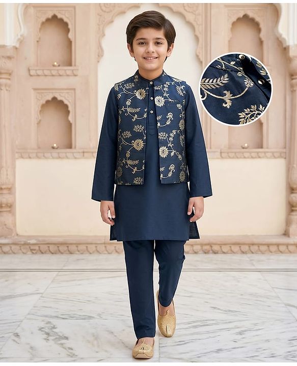 Pine Kids Woven Full Sleeves Kurta Pyjama Set With Foil Floral Printed Nehru Jacket - Navy Blue