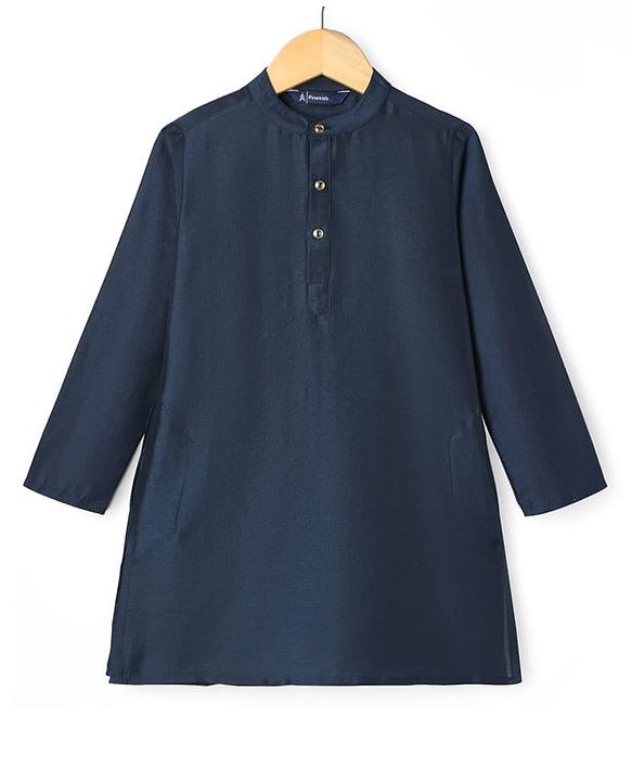 Pine Kids Woven Full Sleeves Kurta Pyjama Set With Foil Floral Printed Nehru Jacket - Navy Blue