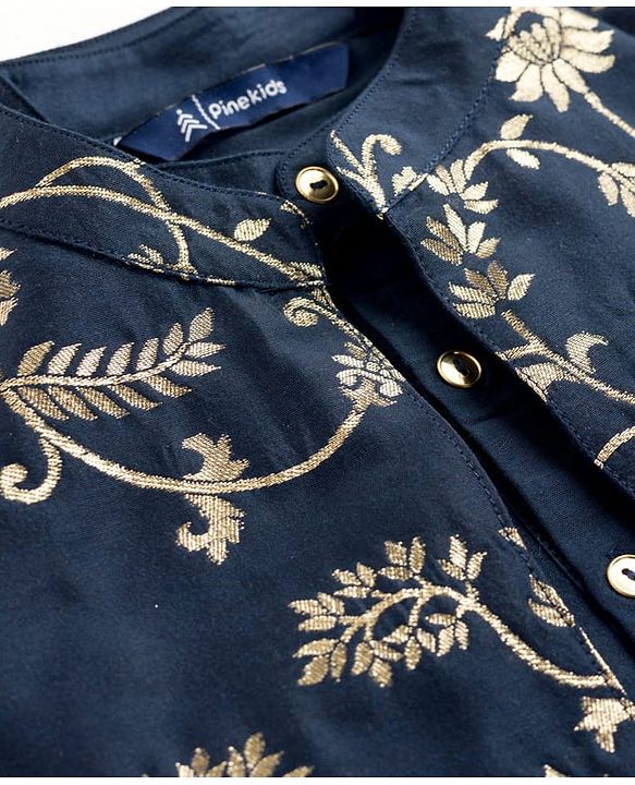 Pine Kids Woven Full Sleeves Kurta Pyjama Set With Foil Floral Printed Nehru Jacket - Navy Blue