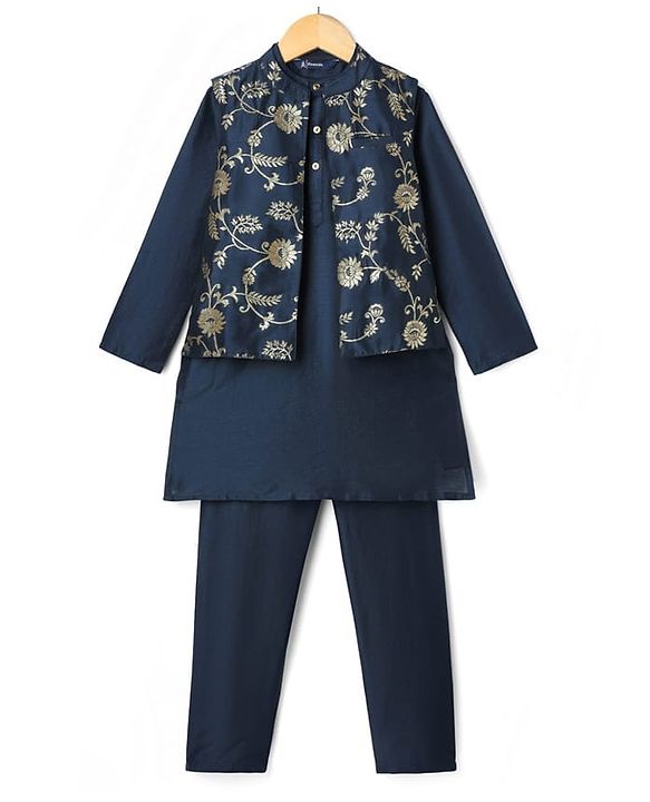 Pine Kids Woven Full Sleeves Kurta Pyjama Set With Foil Floral Printed Nehru Jacket - Navy Blue